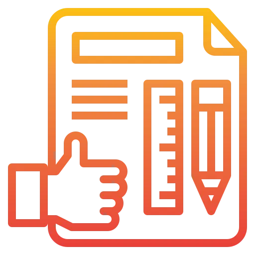 icon of a document with text, ruler, pencil, and thumbs-up, representing quality work for a freelance digital marketing specialist in Calicut.