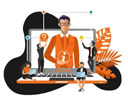 a laptop screen and smaller figures interacting with digital elements, representing a freelance digital marketing manager in Calicut