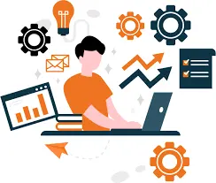 a person working on a laptop surrounded by business icons. This represents a freelance digital marketing manager thriving in Calicut.