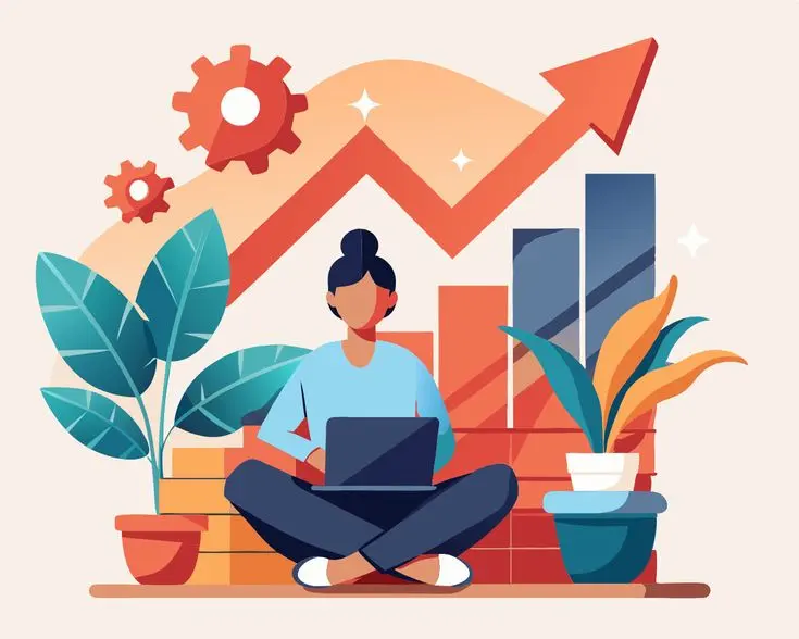 Freelance Digital marketing manager in Calicut working on a laptop, surrounded by growth charts, gears, and potted plants, symbolizing business progress.