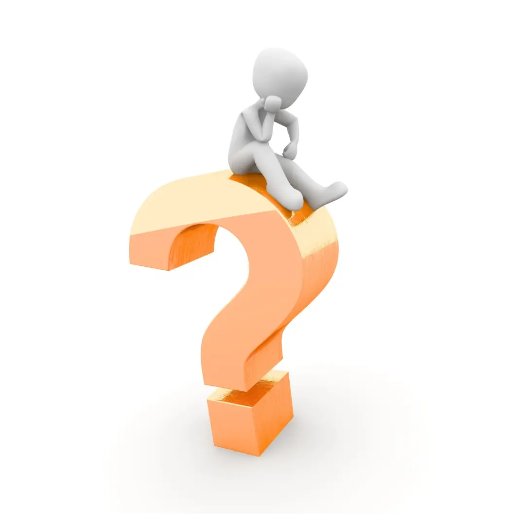 A person sitting thoughtfully on a large orange question mark, relevant for a digital marketing manager in Calicut.